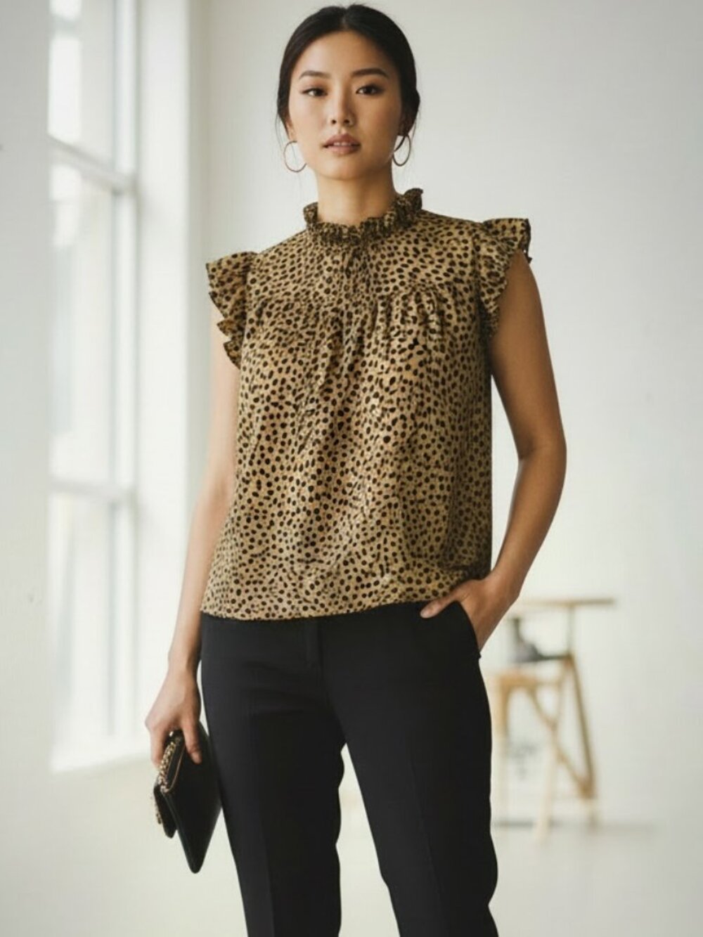 J. Crew Animal Dot‎ Print Babydoll Top Size XS Silk Blend Ruffle Neck Shoulders